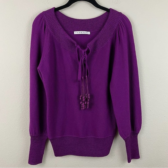 Trina Turk Sweaters - Trina Turk Merino Wool Balloon Sleeve Tie at Neck Purple Sweater